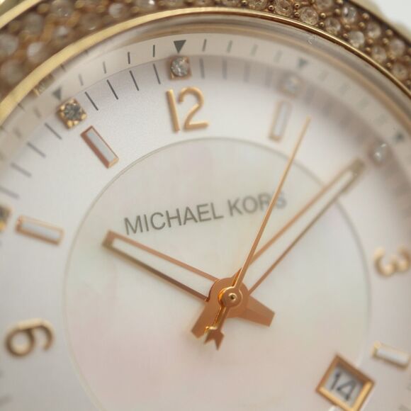 Michael Kors 42mm Watch Gold Tone MOP Dial Jewel Bezel MK5258 Stainless Steel - Picture 8 of 15